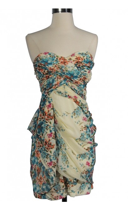 Dreaming of You Chiffon Drape Party Dress in Ivory/Blue Floral Print by Minuet